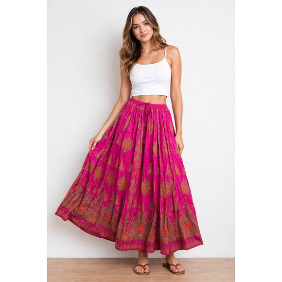 Unbranded Dresses & Skirts - Unbranded Maxi Skirt Women One Size Fuchsia Pink Paisley Boho Pleated Drawstring